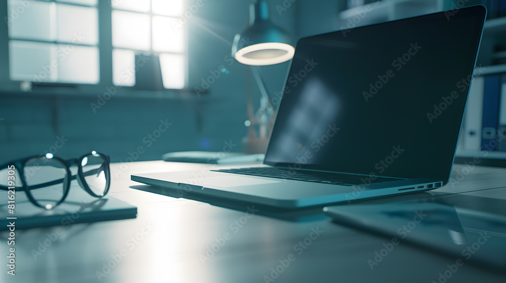 Poster Laptop Computer notebook and eyeglasses sitting on a desk in a large open plan office space after working hours : Generative AI
