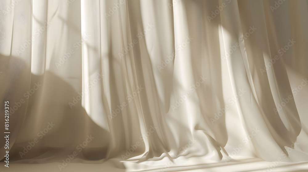 Poster Minimalistic abstract gentle light beige background for product presentation with light and shadow of window curtains on wall : Generative AI