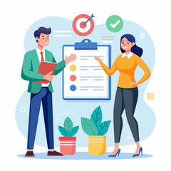 People and clipboard Man and woman standing in front of numbered list taking notes and presenting business plan. Flat design vector illustration with white background