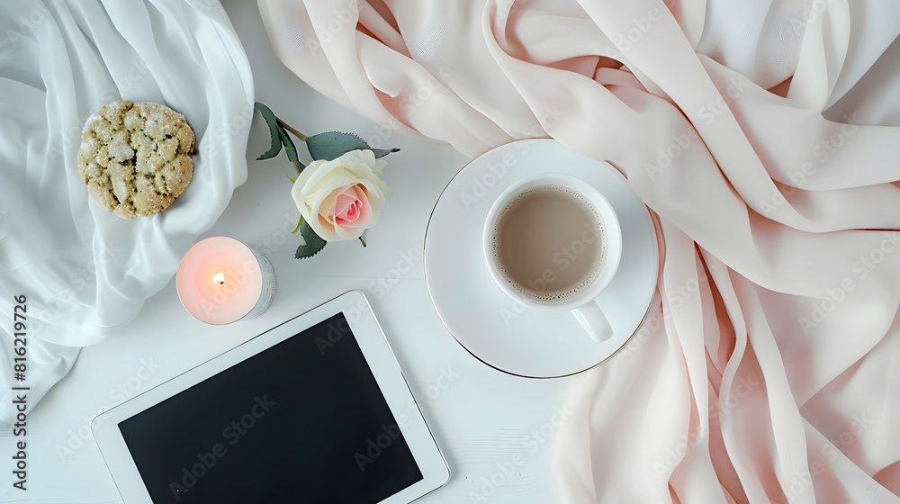 Poster morning cup of coffee on the shabby white desk with digital tablet with empty screen candle and fres