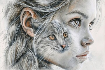 Ultracalistic drawing: a multiracial young woman, half Scandinavian and Northern European, in full body, with a thoughtful, beautiful face and gray cat-like eyes, with a long blonde braid. 