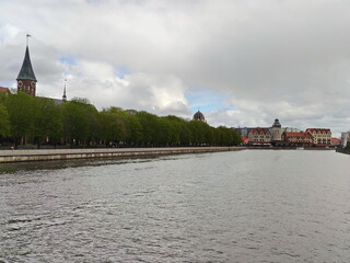The green embankment of the Pregolya river in Kaliningrad