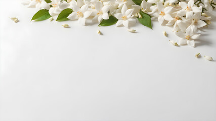Jasmine blossom flowers in corner on Blank White Empty Background Copy Space, Generative AI...