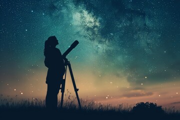 Silhouette of woman using telescope under a starry sky. Stargazing and observation concept. Adventure and discovery. Outdoor astronomy hobby. Design for poster, wallpaper, banner with copy space