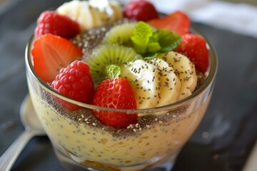 Delectable bowl of chia pudding topped with assorted fresh fruits and mint