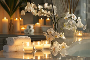 Serenity Spa Setting. A tranquil spa setup featuring candles, towels, and orchids, creating a...