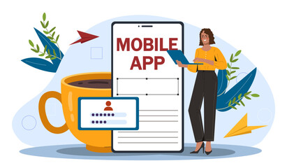 A woman presenting a mobile app concept beside a giant smartphone and a coffee cup, with graphical details and plants, on a light background. Flat vector illustration