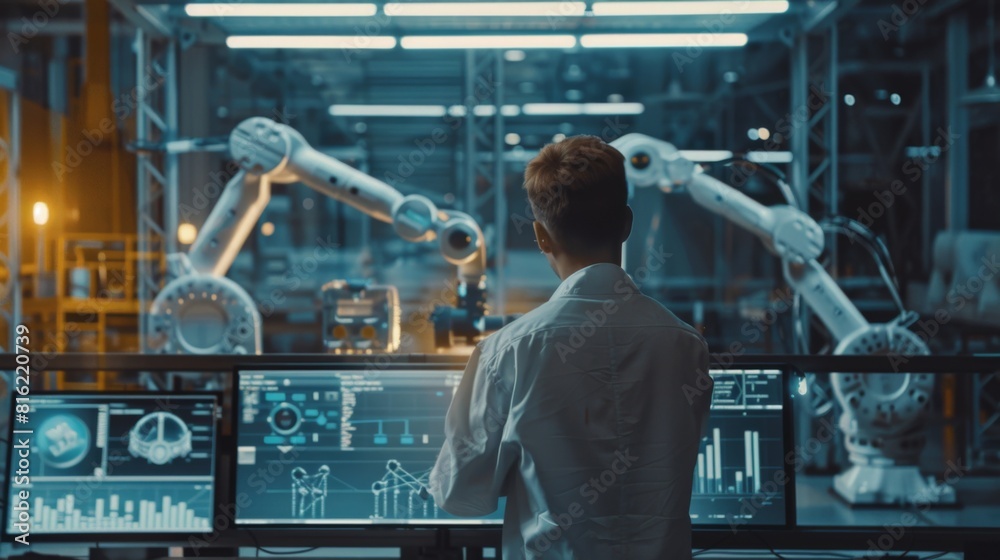 Fototapete Industrial Engineer use modern dashboard interface and check and control automation robot arms in intelligent factory industrial on real time monitoring system
