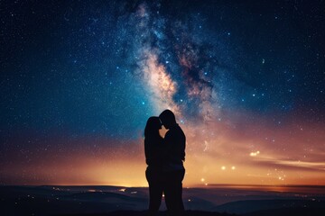 Fototapeta premium Couple embracing under starry sky with Milky Way galaxy. Stargazing and observation concept. Summer adventure and discovery. Design for banner, poster, wallpaper.
