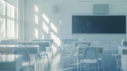 First day of school Interior of modern light class elementary middle school or high school without teacher and students Bright school room with white desks chairs and blackboard : Generative AI