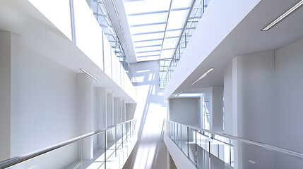 Bright interior hallway with modern design featuring a staircase glass railing and a skylight : Generative AI