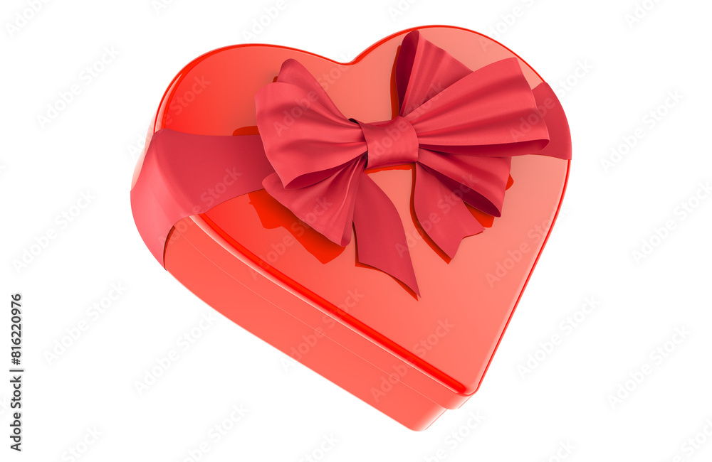 Poster red gift box in the shape of heart with red bow. valentines day concept. 3d rendering isolated on tr