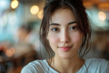 Beautiful young asian woman in casual t-shirt looking at camera in blurred living room interior