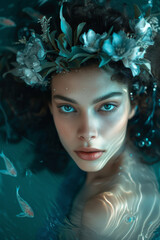 Pisces Astrology Sign Zodiac Theme - Beautiful Young Woman’s Face Amidst Fishes in the Water