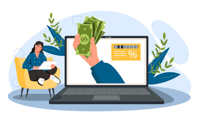 Cashback concept with a woman using a tablet next to a large laptop screen with a hand holding cash, representing online earnings, on a light abstract background, vector illustration