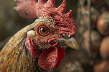 Macro photography capturing the striking details and textures of a chicken's head and comb