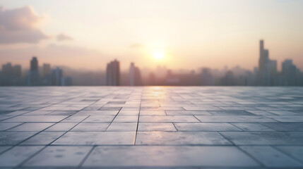 Empty square floor and city skyline at sunrise : Generative AI