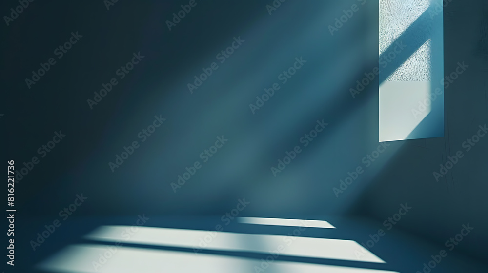Poster Minimal abstract black background for product presentation Organic drop diagonal shadow and rays of light from window on a blue wallpaper : Generative AI