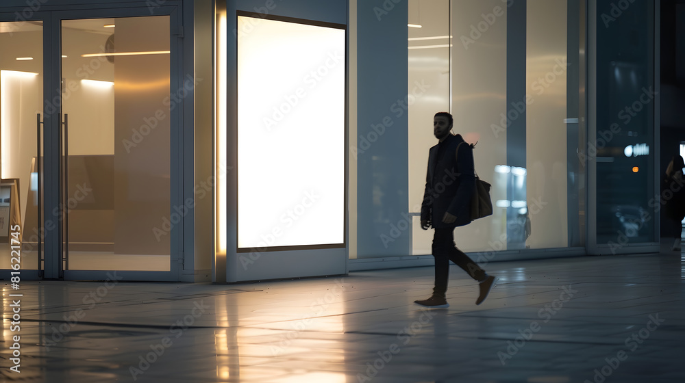 Poster man walking by evening empty shop window with podium inside for your product presentation on glowing