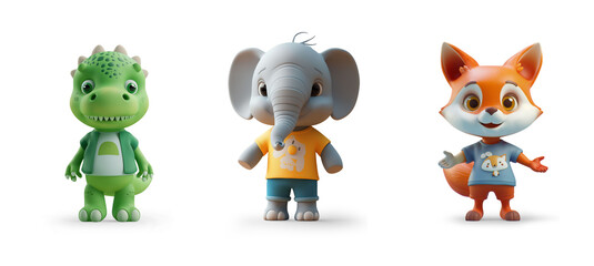 cutout set of cartoon 3d like animal characters happy standing as toys or children movie toon, isolated on transparent png background