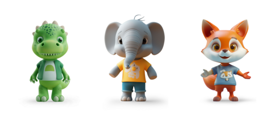 cutout set of cartoon 3d like animal characters happy standing as toys or children movie toon, isolated on transparent png background