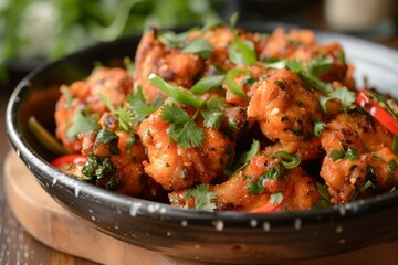 Closeup of delicious honeyglazed chicken topped with fresh herbs and chili