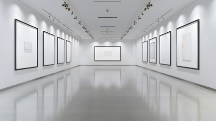 Fototapeta premium Gallery interior empty frames on wall Art gallery empty interior room with white walls floor and lights for pictures presentation photography contest exhibition hall Realistic mock up : Generative AI