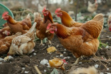 Flock of chickens searches for food in farmyard soil, exhibiting natural behavior