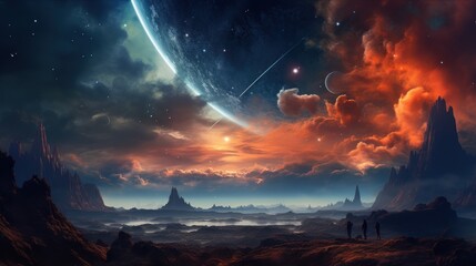 Alien land landscape with giant planet and mountains. Fantasy wall paper.