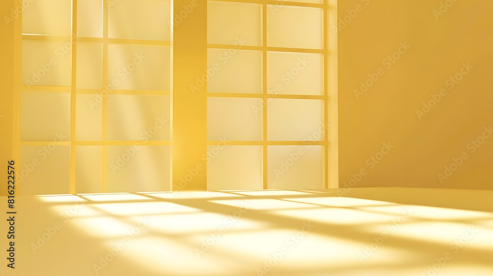 Poster Abstract pastel yellow studio background for product presentation Empty room with shadows of window Display product with blurred backdrop : Generative AI