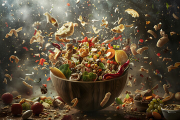 Explosive fresh salad bowl in mid-air