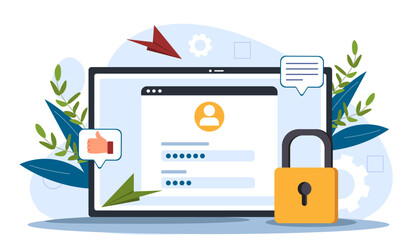 Secured login webpage, with a padlock and decorative elements, on a light blue background, concept of cybersecurity. Flat vector illustration