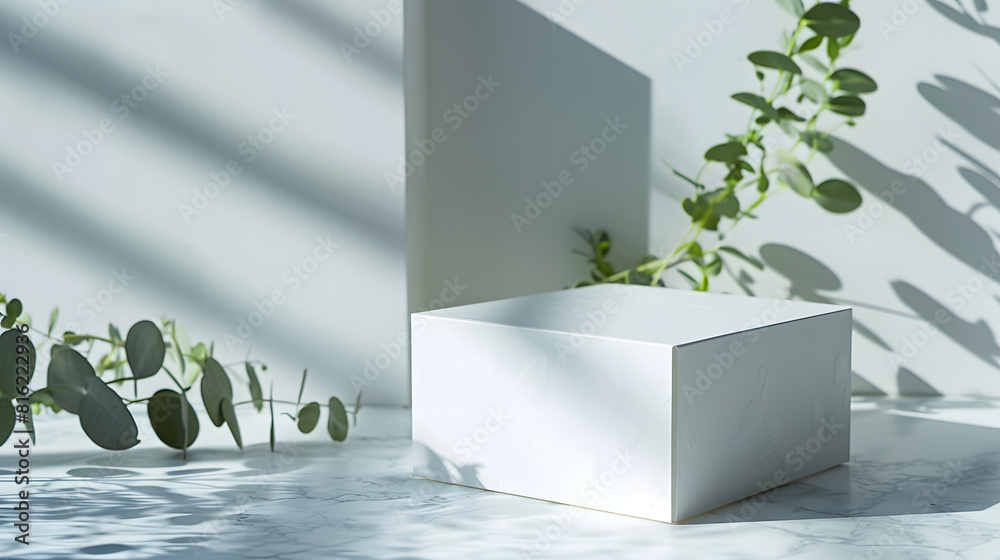 Poster White empty box on texture stones with eucalyptus on light background with shadow Podium or showcase concept for product presentation sale or advertising banner Copy space : Generative AI