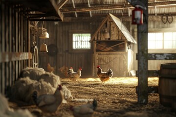 Chickens roam freely in a barn illuminated by a warm natural glow