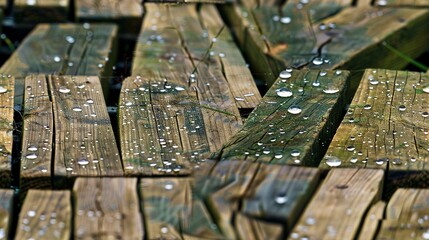   A high-resolution photo of a close-up wood bench with water drops dripping from its wooden planks, set against a lush green background