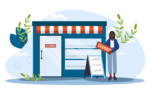 Concept of business closure with a woman standing in front of a closed store with a CLOSED sign, in a flat graphic style on a serene background. Flat cartoon vector illustration