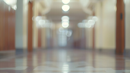 Fototapeta premium ABSTRACT BLUR CANTEEN ROOM BACKGROUND Office building or university lobby hall blur background with blurry school hallway corridor interior view toward empty corridor entrance : Generative AI