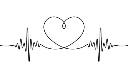 Heart beat one line. Continuous lines heart beats drawing. Wave pulse. Hand draw heartbeat. Design heartbeat for print. Black silhouette cardiogram isolated on white background. Vector illustration