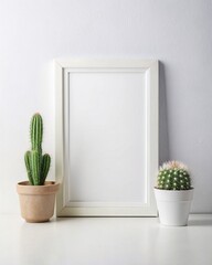 Minimalistic White Frame Mockup with Cactus in Pot on Shelf