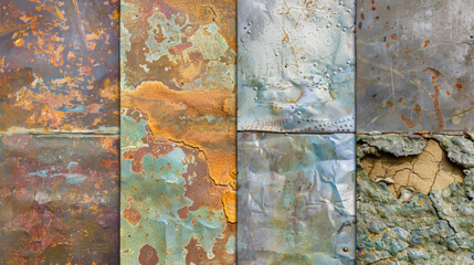 A detailed montage of various aged metal surfaces and weathered bricks, each panel displaying unique corrosion, paint, and texture patterns.