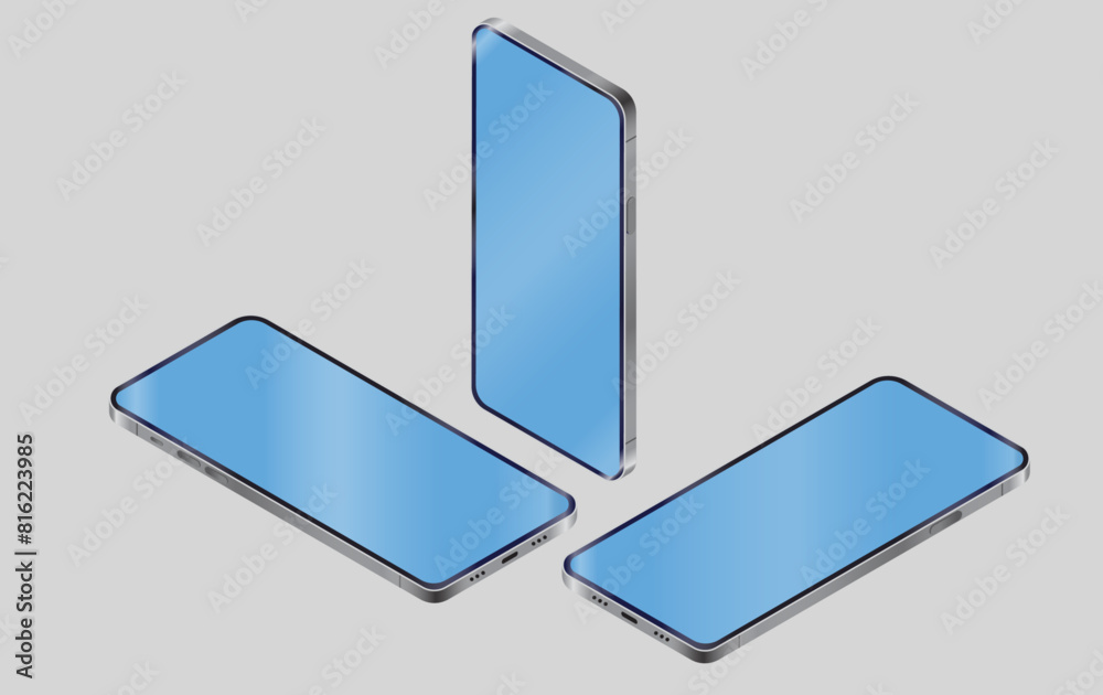 Fototapete isometric mobile phones mockup - template with three smartphones in angled perspective view with emp