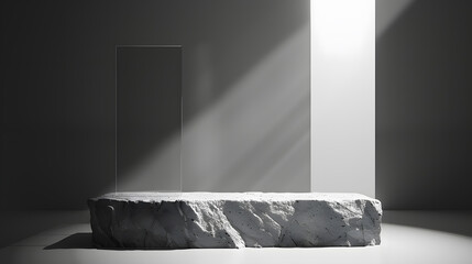 Flat stone pedestal and rectangular glass black and white template banner background Minimalism concept empty podium display product presentation scene : Generative AI