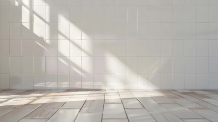 Obraz premium White abstract modern stage with tiny square ceramic tiles on wall and wood floor grey gradient as empty interior like bathroom kitchen mockup for presentation cosmetic products goods : Generative AI