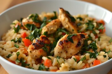 Closeup of a savory grilled chicken risotto with fresh vegetables served in a white bowl