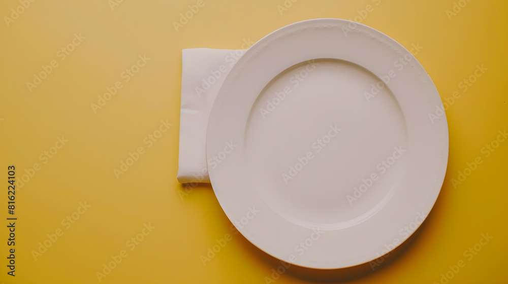 Poster Top view on colored background empty round white plate on tablecloth for food Empty dish on napkin with space for your design : Generative AI