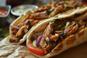 Appetizing chicken shawarma wraps with vegetables and sauce on a rustic table