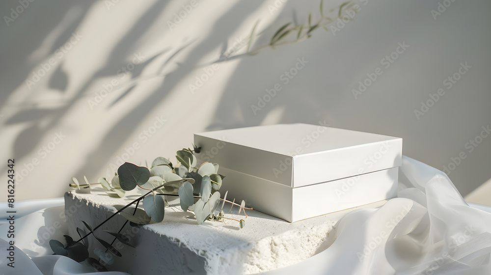 Fototapete White empty box on texture stones with eucalyptus on light background with shadow Podium or showcase concept for product presentation sale or advertising banner Copy space : Generative AI