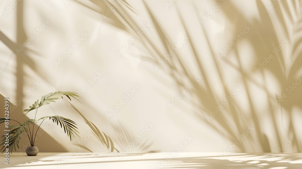 Poster Minimalistic abstract gentle light beige background for product presentation with light andand intricate shadow from the window and vegetation on wall : Generative AI