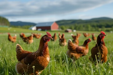 Fototapeta premium Flock of healthy chickens explores a lush green pasture with farm buildings in the background