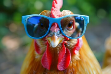 Closeup of a quirky chicken donning fashionable blue sunglasses, captured in a natural setting